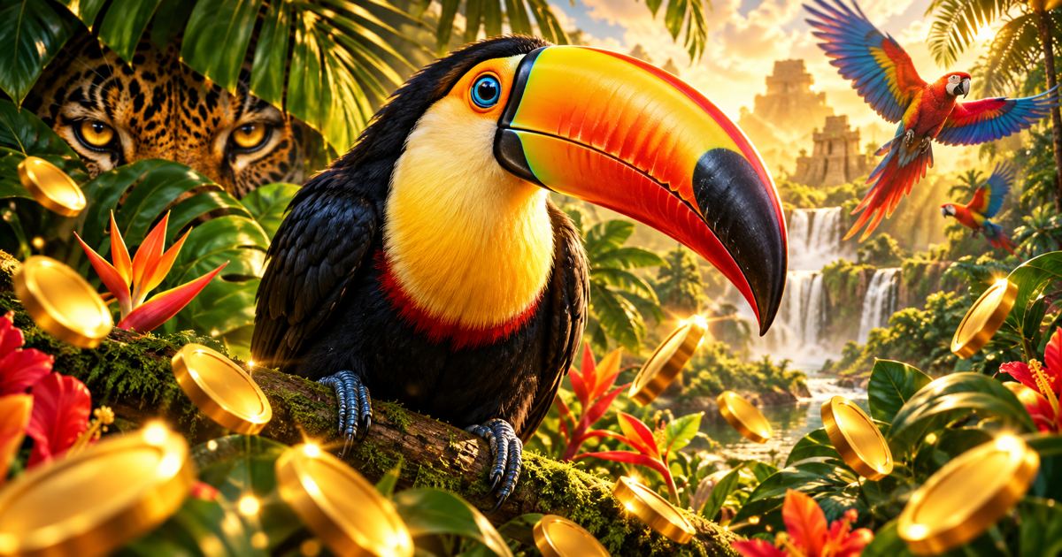 Tucán de colores posado entre hojas de selva con luz dorada