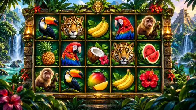 Carretes con tucán apilado, jaguar y guacamaya sobre fondo de selva